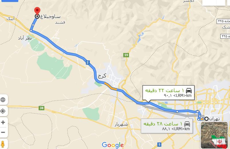 نقشه مسیر دسترسی به ساوجبلاغ از تهران